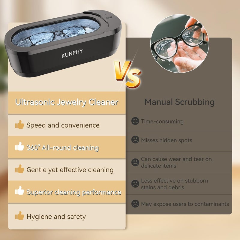 KUNPHY Ultrasonic Jewelry Cleaner, Jewelry Cleaner Machine 12oz 46KHz, Professional Sonic Cleaner with One-Touch Operation, Sonic Cleaner for Rings, Glasses, Jewelry, Dentures (Black) - Image 4